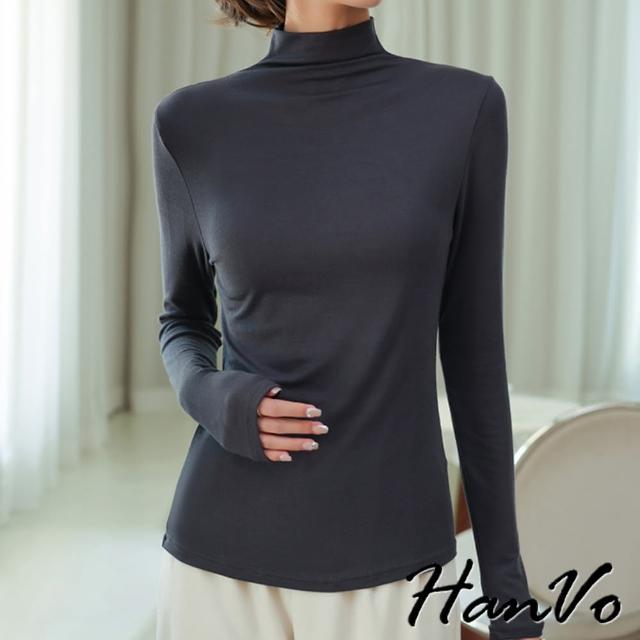 【HanVo】現貨 半高領莫代爾長袖打底衣(細緻質感輕薄透氣內搭衣 韓系女裝 女生衣著 A02-0559)