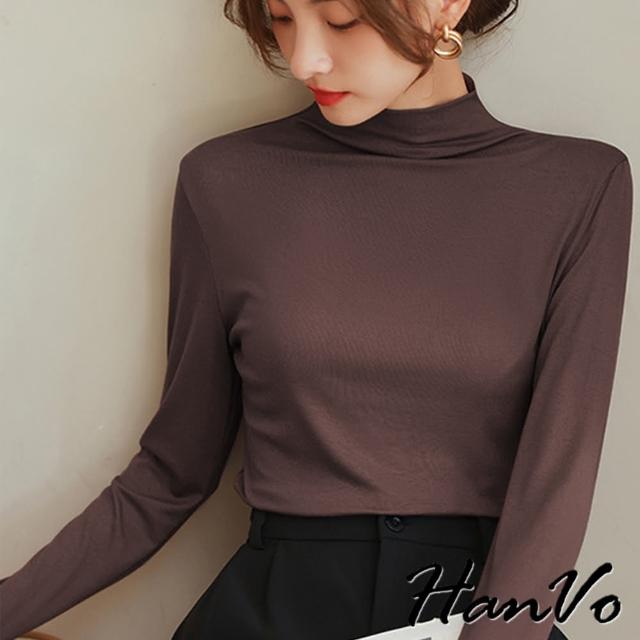 【HanVo】現貨 半高領莫代爾長袖打底衣(細緻質感輕薄透氣內搭衣 韓系女裝 女生衣著 A02-0559)