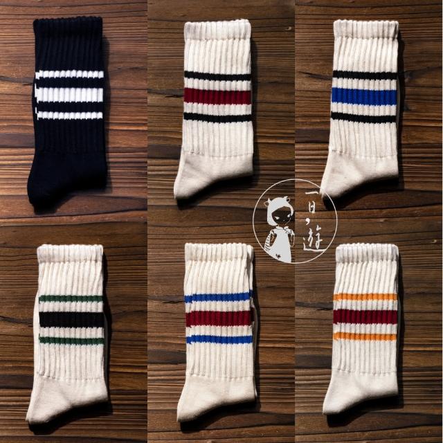 【NicoFun 愛定做】6雙 ☆復古條紋中筒襪 堆堆襪 羅紋襪 針織襪 運動襪 橫條紋 中性襪(中性襪24.5-27cm)