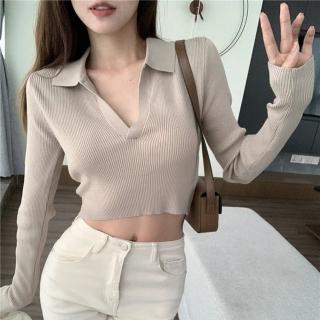【D.studio】韓版氣質翻領顯瘦短版上衣(短版針織上衣毛衣長袖上衣女裝衣服長袖t恤保暖上衣冬裝 W288)