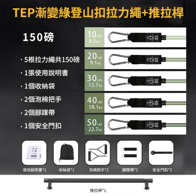 【灰熊厲害】150磅健身拉力繩+推拉桿-漸變色13件套(重訓拉力帶 彈力帶 拉力器 彈力繩 阻力帶)