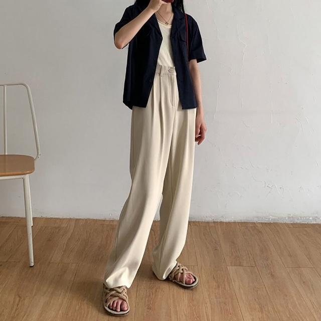 【D.studio】韓版高腰寬鬆顯瘦西裝褲(寬褲 褲子 長褲 休閒褲 女裝 高腰褲 拖地褲 直筒褲 黑褲 P130)