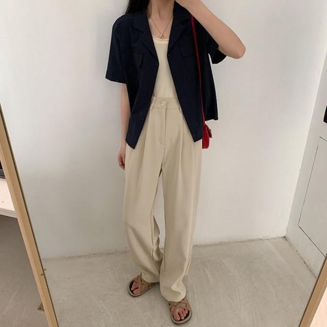 【D.studio】韓版高腰寬鬆顯瘦西裝褲(寬褲 褲子 長褲 休閒褲 女裝 高腰褲 拖地褲 直筒褲 黑褲 P130)