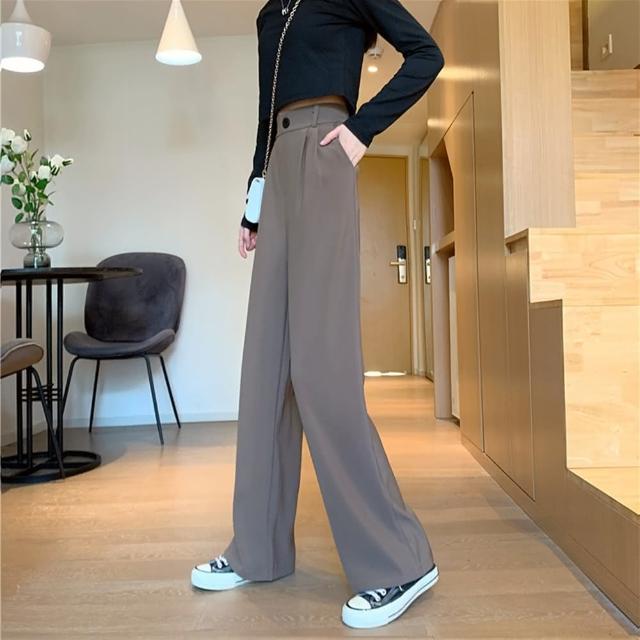 【D.studio】韓版高腰寬鬆顯瘦西裝褲(寬褲 褲子 長褲 休閒褲 女裝 高腰褲 拖地褲 直筒褲 黑褲 P130)