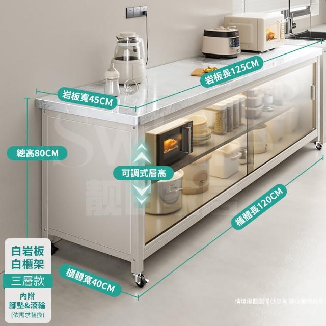 【靚白家居】岩板三層推拉門餐廚櫃 125公分 S517(餐櫃 電器櫃 餐邊櫃 中島 廚房置物櫃 收納櫃)