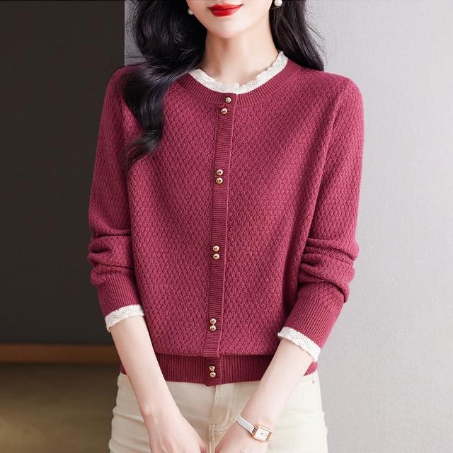 【初色】純色休閒蕾絲拼接顯瘦百搭圓領長袖針織衫毛衣外套女外套-共5色-39015(F可選/現貨+預購)