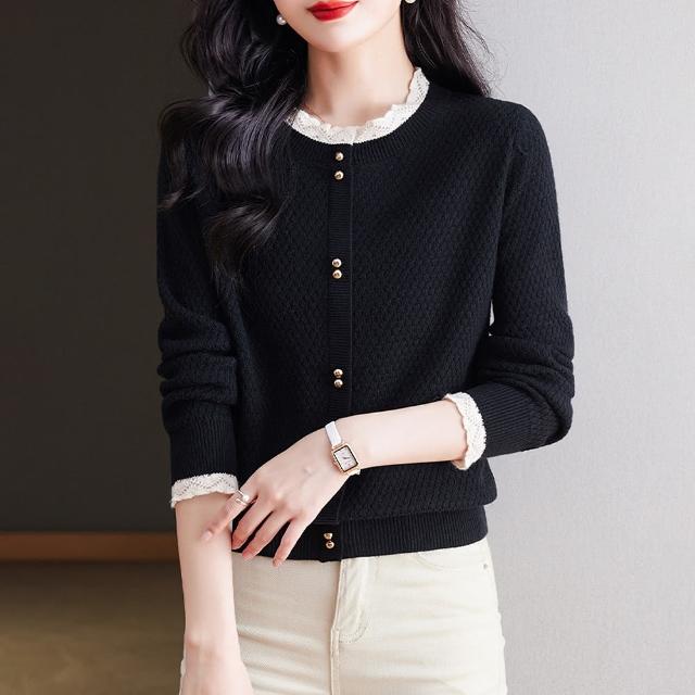 【初色】純色休閒蕾絲拼接顯瘦百搭圓領長袖針織衫毛衣外套女外套-共5色-39015(F可選/現貨+預購)