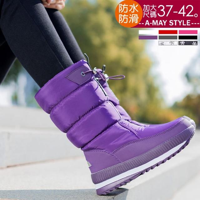 【Amay Style 艾美時尚】女鞋 雪地靴 時尚保暖加絨防水防雪防滑束帶中筒雪靴。37-42碼(6色.現貨+預購)