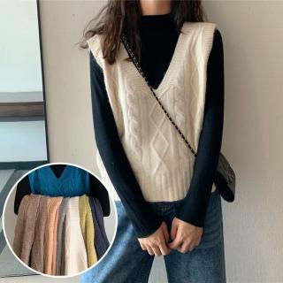 【D.studio】韓版麻花V領無袖針織背心(毛衣 上衣 衣服 保暖上衣 秋天女裝 冬天女裝 秋冬女裝 發熱衣 S88)