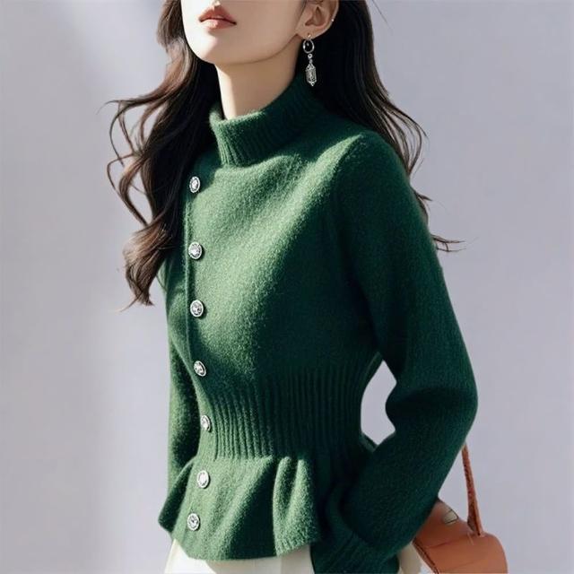 【初色】純色修身加厚單排釦半高領長袖毛衣針織上衣女上衣-共3色-39809(F可選)