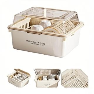 【佳美多】帶蓋碗筷收納盒 大容量碗架 餐具碗碟蓋 瀝水架 置物架 奶瓶收納箱(托盤瀝水 防蟲防潮48*36*26cm)