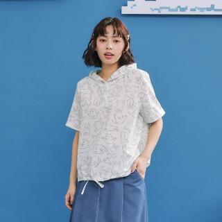 【Dailo】瑜珈貓下襬抽繩短袖連帽衫(藍 白 綠/魅力商品)