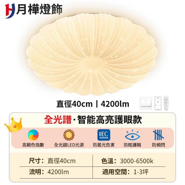 【月樺燈飾】4200流明高亮護眼款吸頂燈 全光譜防藍光 40CM附遙控無極調光(1-3坪 防頻閃/APP智能三色變光)