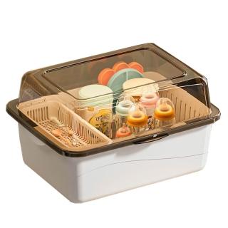 防塵收納箱 收納盒 翻蓋箱 防塵帶蓋瀝水架 奶瓶晾乾架 餐具玩具輔食收納架(碗盤收納櫃 小體積大容量)