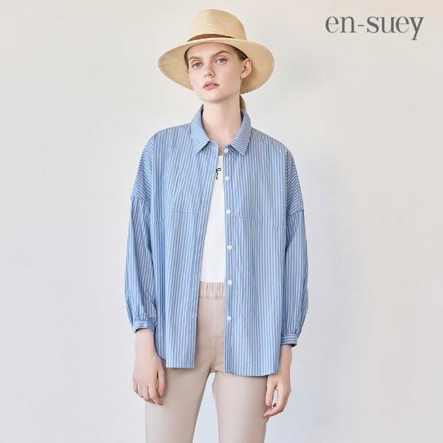【en-suey 銀穗】後開洞條紋剪接活褶拋袖襯衫-女