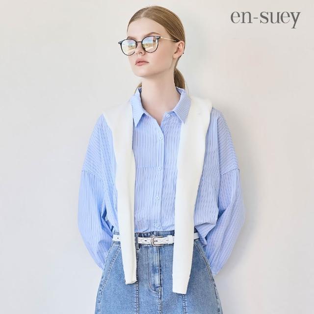 【en-suey 銀穗】網路限定 後開洞條紋剪接活褶拋袖襯衫-女