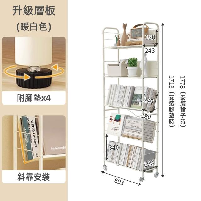 【慢慢家居】升級層板-奶油風超穩固可移動鐵藝五層書架(文件推車 兒童書架 移動書櫃 置物架)