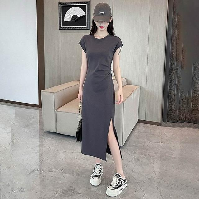 【D.studio】韓版氣質收腰長版洋裝(裙連衣裙連身裙套裝短袖上衣 衣服夏天女裝短袖t恤女裙子S358)