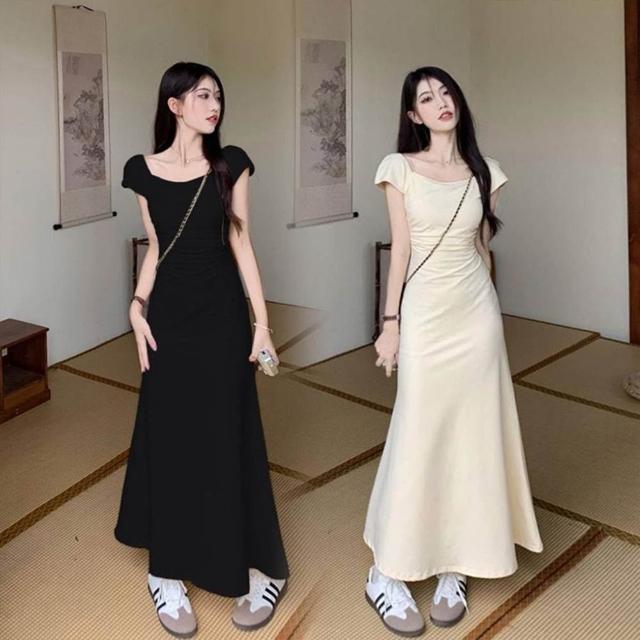 【D.studio】韓版氣質收腰長版洋裝(裙連衣裙連身裙套裝短袖上衣 衣服夏天女裝短袖t恤女裙子S358)