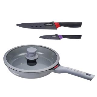 【THERMOS膳魔師】超值3入_新一代星曜不沾鍋單柄附蓋壓鑄平底鍋28cm+不鏽鋼二入刀具組(TFC-F28N+FA-05N)