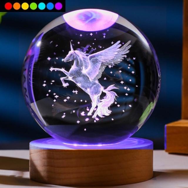 A-ONE 匯旺】神聖馴鹿8CM 七彩水晶球3D雕刻發光水晶球小夜燈LED燈