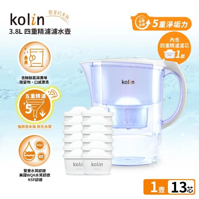 【Kolin 歌林】3.8L濾水壺(內含四重濾芯*1)+五重淨垢濾芯12入(共1壺13芯/適用Brita)