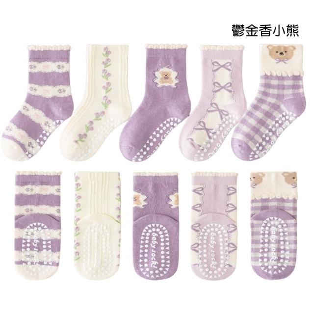 【橘魔法】（5雙一組）女孩花紋防滑點膠短襪(中筒襪 襪子 童襪 女童 兒童 止滑襪 童裝 大紅 過年)