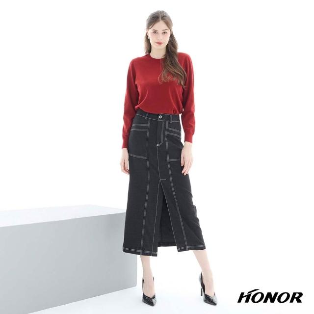 【HONOR 山形屋】出清品 簡約單釦車線修身牛仔長裙-黑/藍(限定出清)