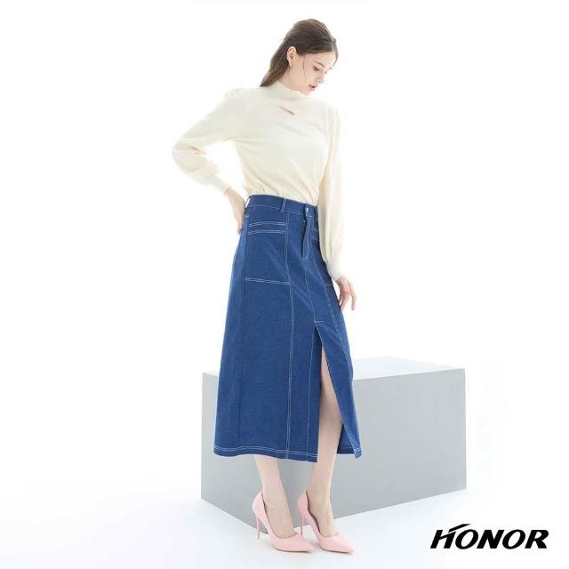 【HONOR 山形屋】出清品 簡約單釦車線修身牛仔長裙-黑/藍(限定出清)