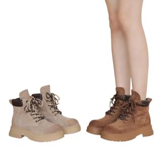 【JP Queen New York】沙漠卡其牛絨皮圓頭馬丁中性繫帶短筒靴(2色可選)