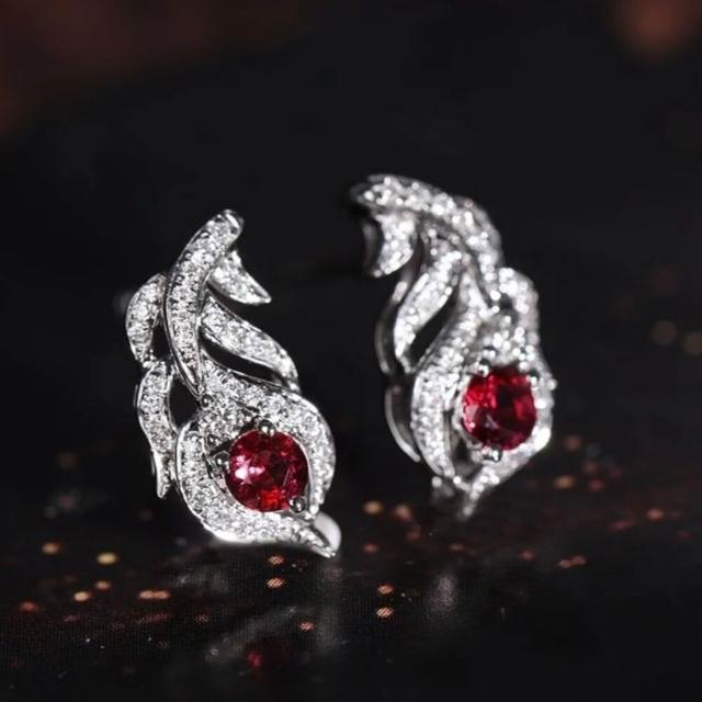 【海斯珠寶】小羽毛系列 18K金 0.24-0.28ct 鴿血紅寶石 天然鑽石 耳環 宮廷羽紋鑲嵌工藝 送禮禮盒包裝