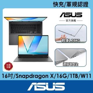 【ASUS 華碩】16吋Copilot+PC AI筆電(VivoBook S16/Snapdragon X X1-26-100/16G/1TB SSD/W11)