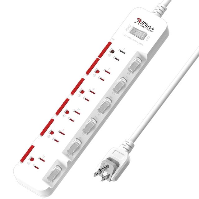 【iPlus+ 保護傘】7開6插3P防塵抗雷擊旋轉插頭延長線2.7M(PU-3767S 斜面開關.台灣製.防火)