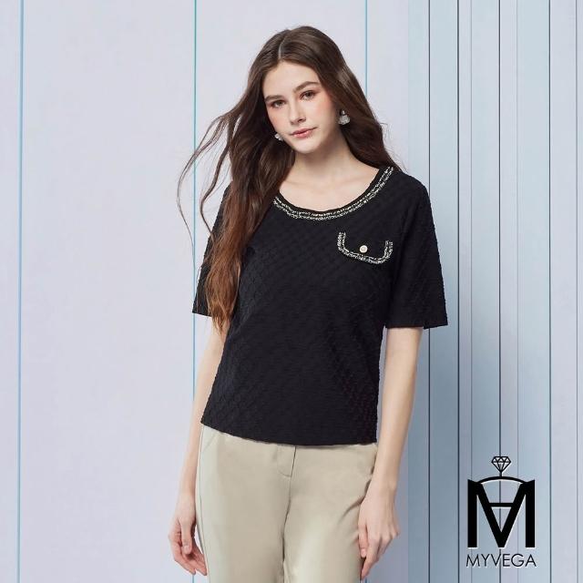 【MYVEGA 麥雪爾】MA法式小香風菱格紋亮珠短袖上衣-共二色(女上衣/短袖上衣/小香風/雪紡衣)