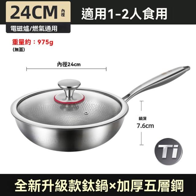 KENGQ鏗鏘 不沾鍋 德國純鈦鍋 無塗層炒鍋 24/26/28（加厚多層複合底 可用鐵鏟 燃氣竈電磁爐通用）
