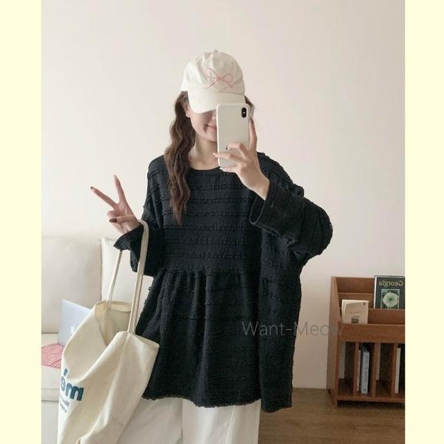 【Want-Meow】100公斤可穿/日系多層次必備壓紋蛋糕剪裁寬鬆上衣大碼/大尺碼/加大碼/長袖上衣)