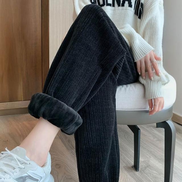 【D.studio】韓版內刷毛加厚運動寬鬆高腰寬褲 長褲 休閒褲 女裝 高腰褲 直筒褲 黑褲 發熱褲 保暖褲P302