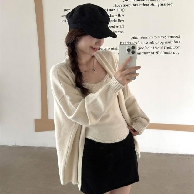 【AS 梨卡】女裝 套裝 外套 背心 吊帶 針織 保暖 蕾絲背心 顯瘦外套 慵懶風毛衣 ES1599
