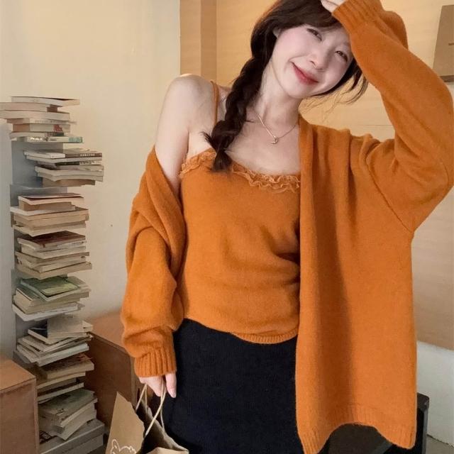 【AS 梨卡】女裝 套裝 外套 背心 吊帶 針織 保暖 蕾絲背心 顯瘦外套 慵懶風毛衣 ES1599