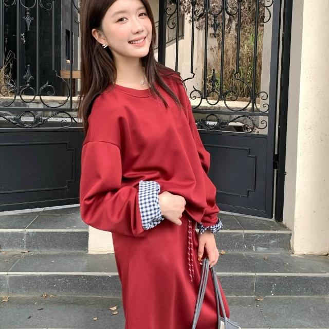 【AS 梨卡】女裝(套裝)連身裙 連身長裙 紅色 新年 聖誕 衛衣 棉T 半身裙 長袖 長裙VG123