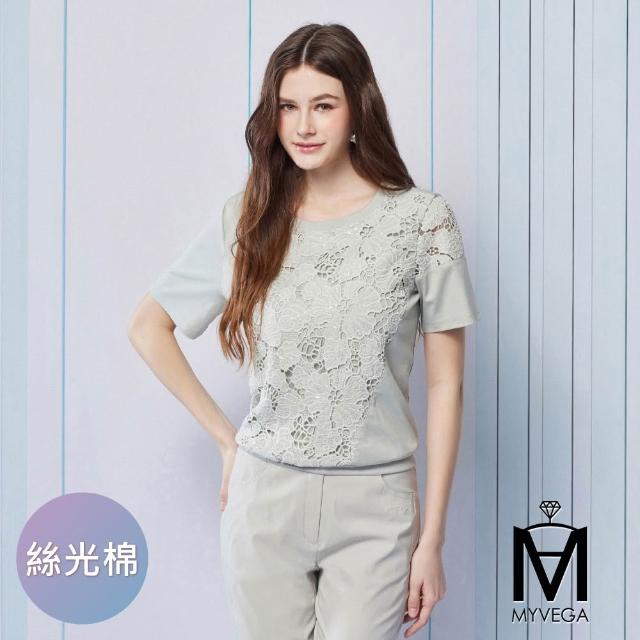 【MYVEGA 麥雪爾】MA絲光棉蕾絲上衣/繡球花印花上衣-二款任選(女上衣/短袖上衣/蕾絲衣)