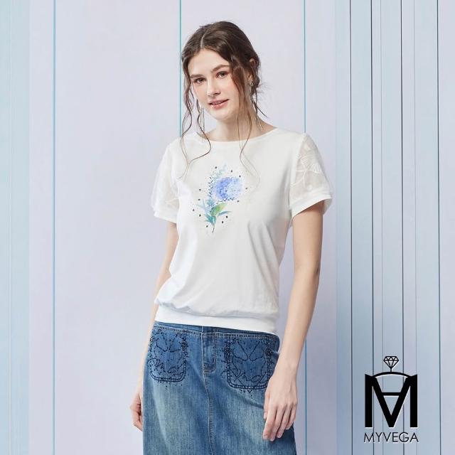 【MYVEGA 麥雪爾】MA絲光棉蕾絲上衣/繡球花印花上衣-二款任選(女上衣/短袖上衣/蕾絲衣)