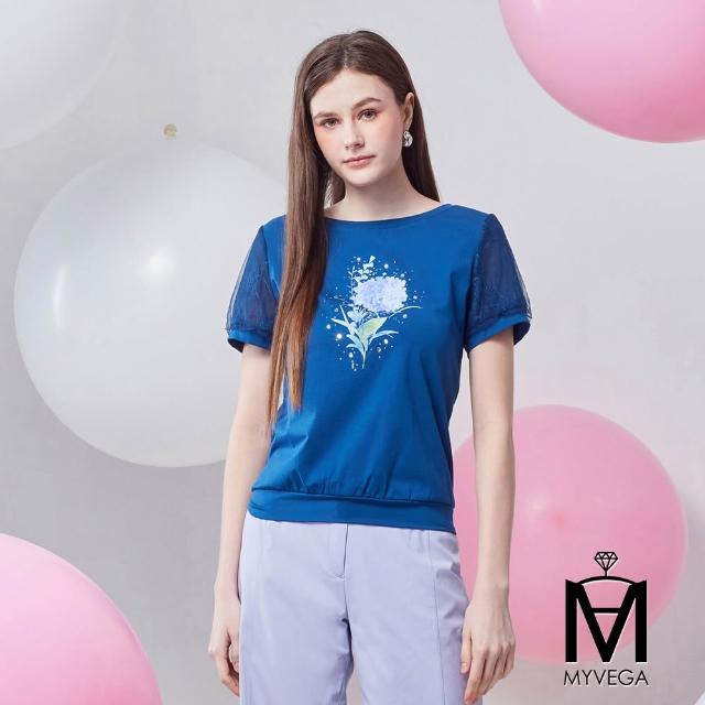 【MYVEGA 麥雪爾】MA絲光棉蕾絲上衣/繡球花印花上衣-二款任選(女上衣/短袖上衣/蕾絲衣)