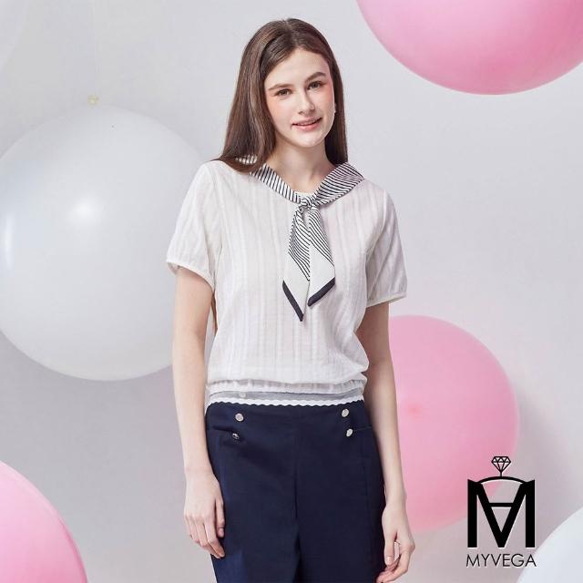 【MYVEGA 麥雪爾】MA造型條紋領巾學院風上衣-共二色(女上衣/短袖上衣/純棉T)