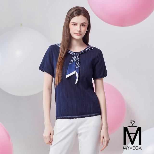 【MYVEGA 麥雪爾】MA造型條紋領巾學院風上衣-共二色(女上衣/短袖上衣/純棉T)
