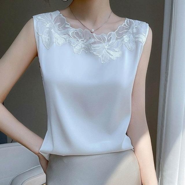 【巴黎精品】現貨出清 頂級法式緞面背心絲質上衣名媛絲綢冰絲絲質襯衫(網紗拼接女素色上衣3色a1ep11)