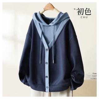 【初色】日系拚色假兩件假門襟長袖連帽帽T上衣女上衣-共3色-10979(M-3XL可選/快速出貨)