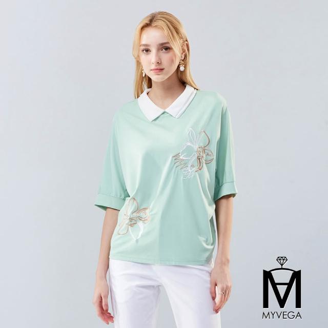 【MYVEGA 麥雪爾】MA涼感高含棉彈力休閒刺繡/寬鬆落肩短袖T恤-多款多色任選(女上衣/純棉上衣)