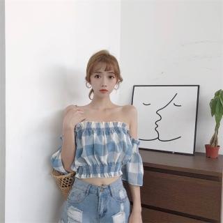 【Uicy】韓版一字肩喇叭袖露肩格子短袖上衣 衣服 女裝 t恤 短 T203