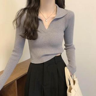 【Uicy】韓版設計感V領打底針織上衣 長袖上衣長袖t恤衣服女 W288